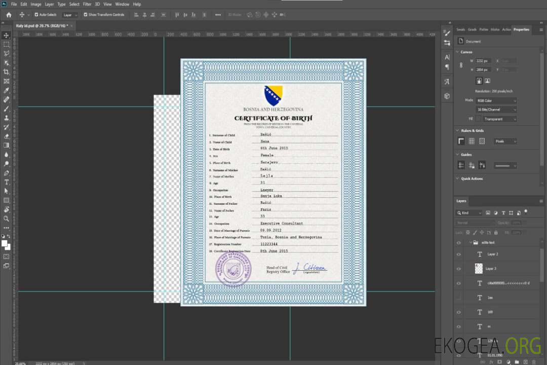 Modèle PSD de certificat de naissance de Bosnie-Herzégovine template Modèle PSD de certificat de naissance de Bosnie-Herzégovine template